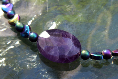 Rainbow Hematite and Amethyst gemstone choker necklace