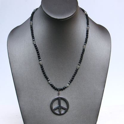 Hematite Peace Pendant, Hand Wrapped w/ Oxidized Sterling Silver, Matte Black Onyx, and Labradorite Men’s Necklace