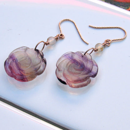 Fluorite Rose and White Agate Gemstone Drop Earrings