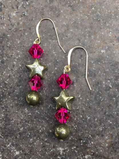 Pyrite & Swarovski Crystal Holiday Earrings, Fusia or Teal