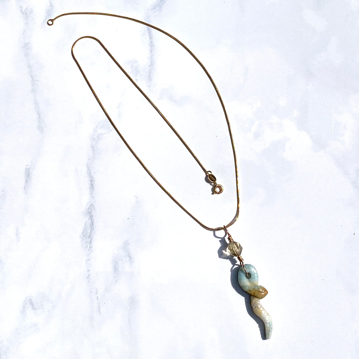 Amazonite Snake with Smoky Topaz gemstone on 18 kt Gold over Sterling Vermeil Necklace