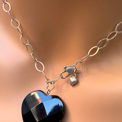 Black Onyx Faceted Heart Pendant w/ Labradorite on Sterling Silver Chain