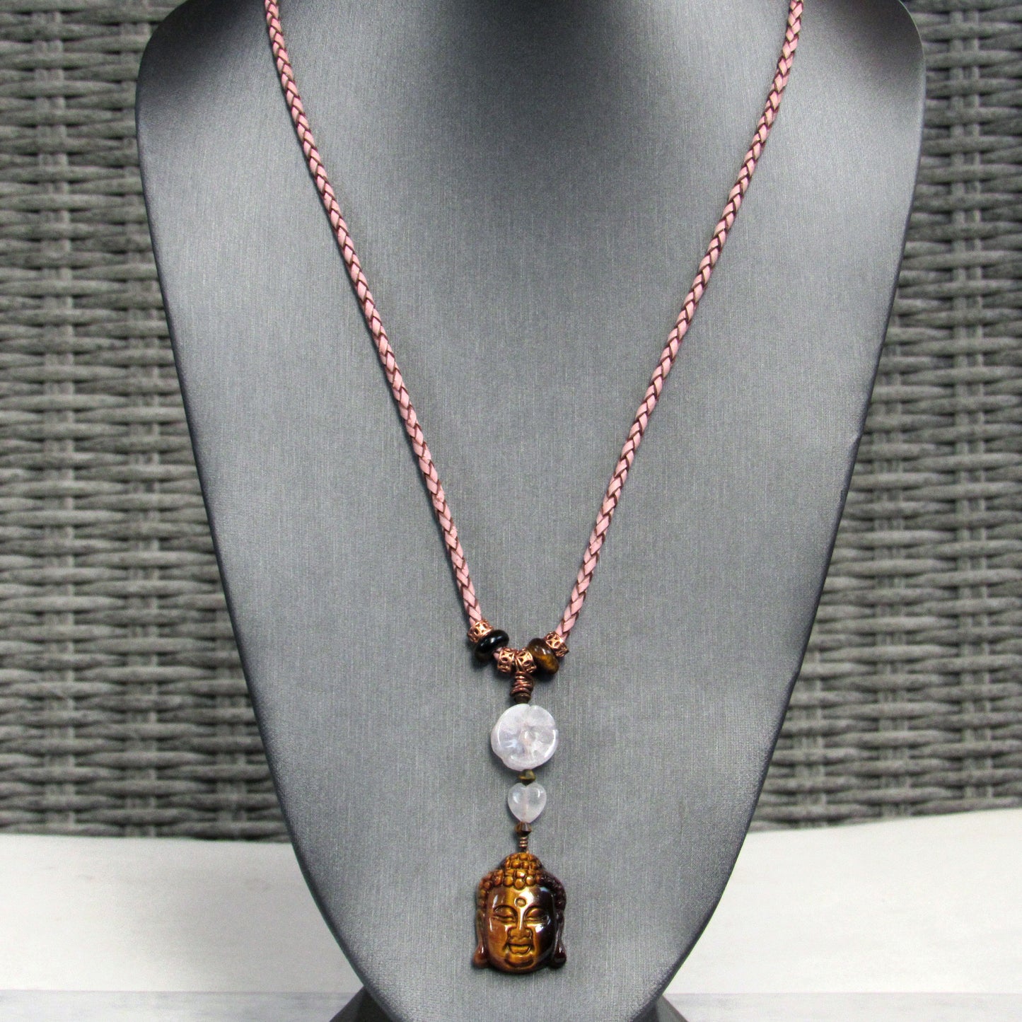 Tiger Eye Buddha Copper, Rose Quartz Flower, on Tan Braided Leather with Copper Clasp