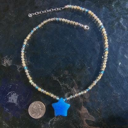 Women’s Blue jade Star, labradorite, blue topaz  & sterling silver Gemstone Pendant Necklace