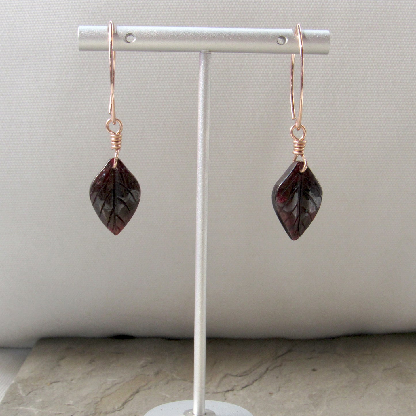 Genuine Garnet Leaf Carved Earrings Hand Wrapped with Silver Vermeil Wire