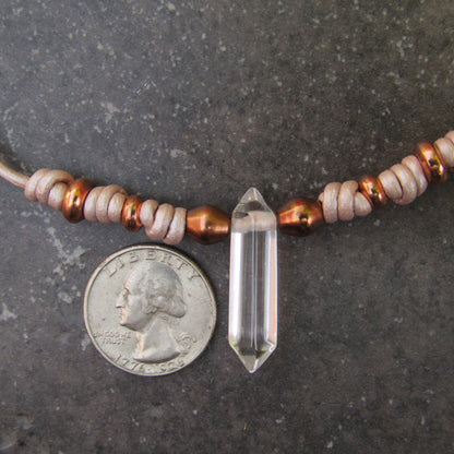 Clear Quartz gemstone and Copper on Metallic Pink Leather Necklace