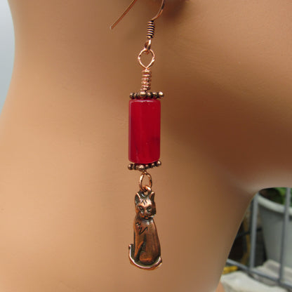 Red Agate gemstone and Copper Kitty Cat Drop Earrings