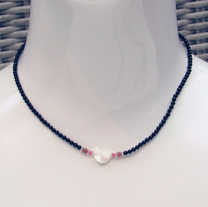 Mother of Pearl Moon Choker w/ Onyx, Pink Tourmaline, Pink Topaz, and Sterling Silver