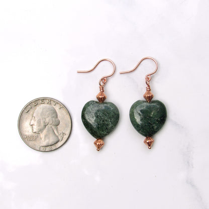 Moss Agate gemstone Heart and Copper Drop earrings