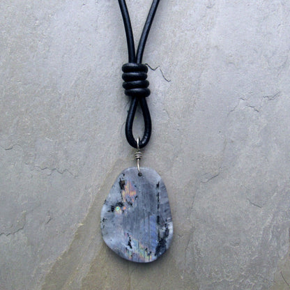 Labradorite gemstone hand Wrapped with Sterling Silver Hand Knotted on Black Leather Necklace