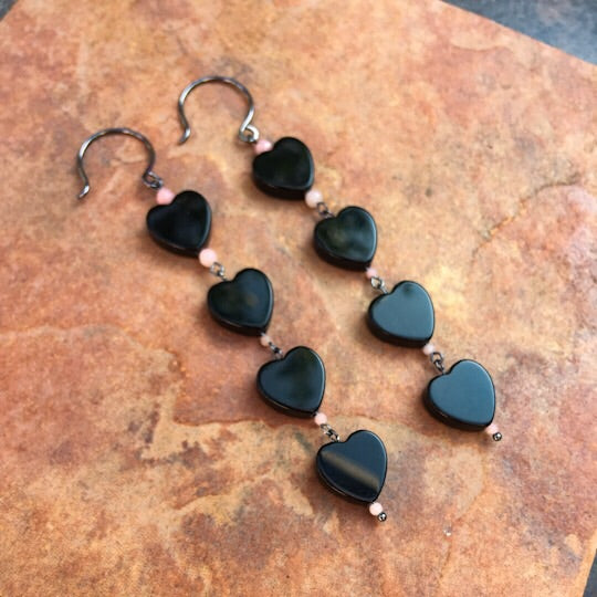 Onyx Hearts & Pink Opal long drop oxidized sterling silver earrings