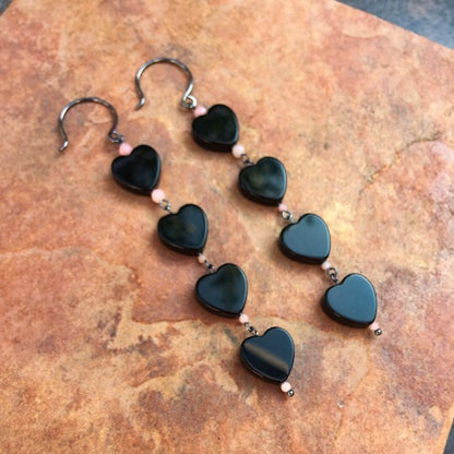 Onyx Hearts & Pink Opal long drop oxidized sterling silver earrings