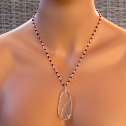 Clear Quartz Gemstone on Wrapped Garnets and Sterling Silver Necklace