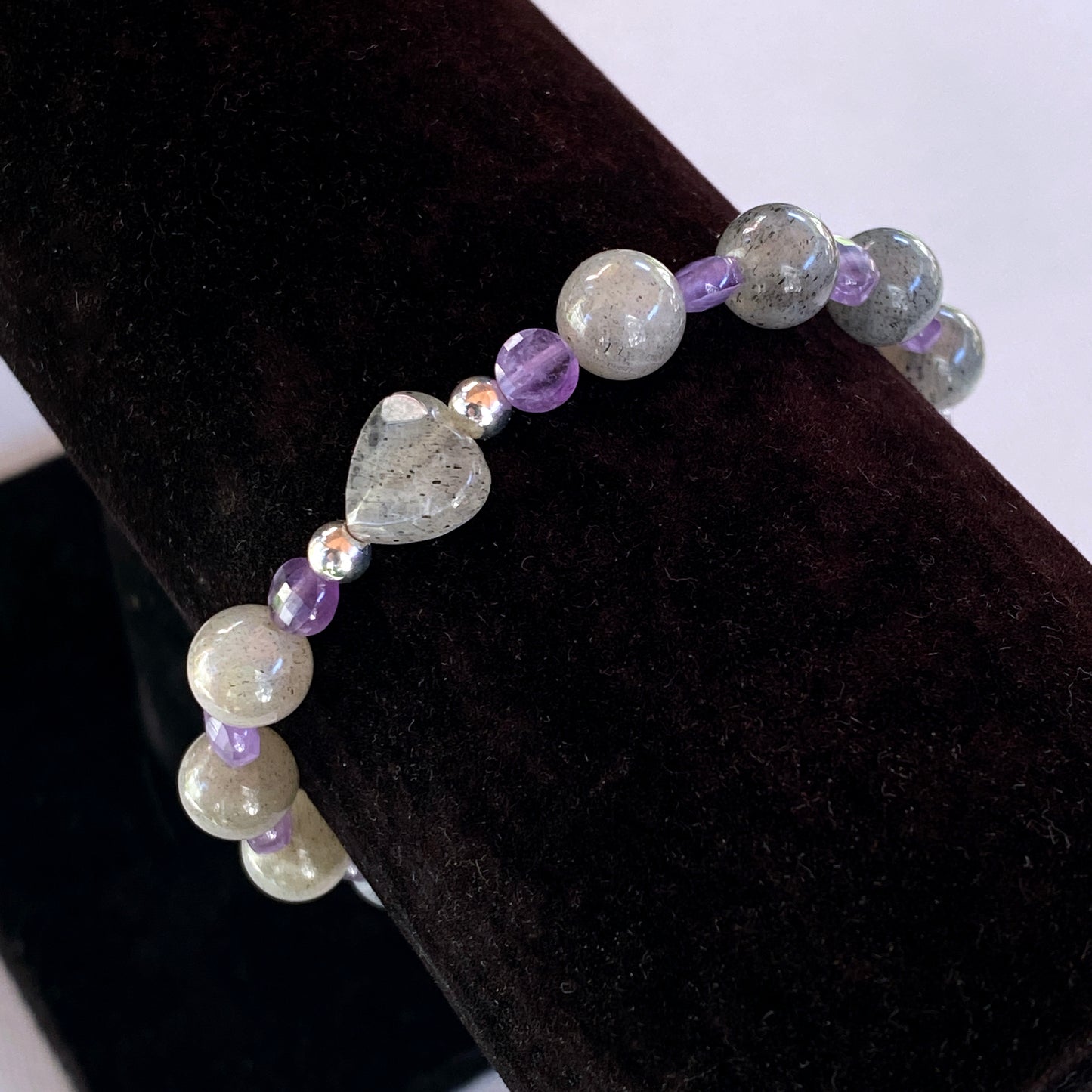 Amethyst Gemstones and Labradorite Heart, Clear Quartz,  Stretch Bracelet w/ Sterling Silver