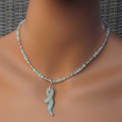 Amazonite Gemstone Snake Hand Wrapped on Amazonite and Apatite beaded Necklace