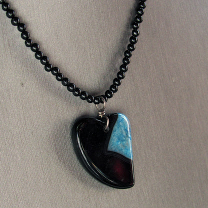 Druzy Agate gemstone Heart on Onyx beaded necklace