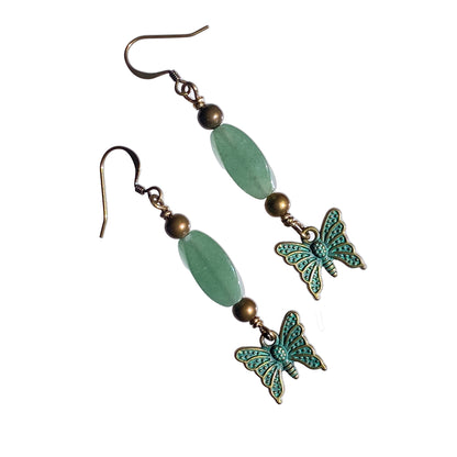 Brass and Green Aventurine gemstone with Butterflies Dangle Earrings