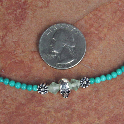 Genuine Turquoise, Apatite, Sterling Silver Skull and Clasp and Chain Choker/Necklace