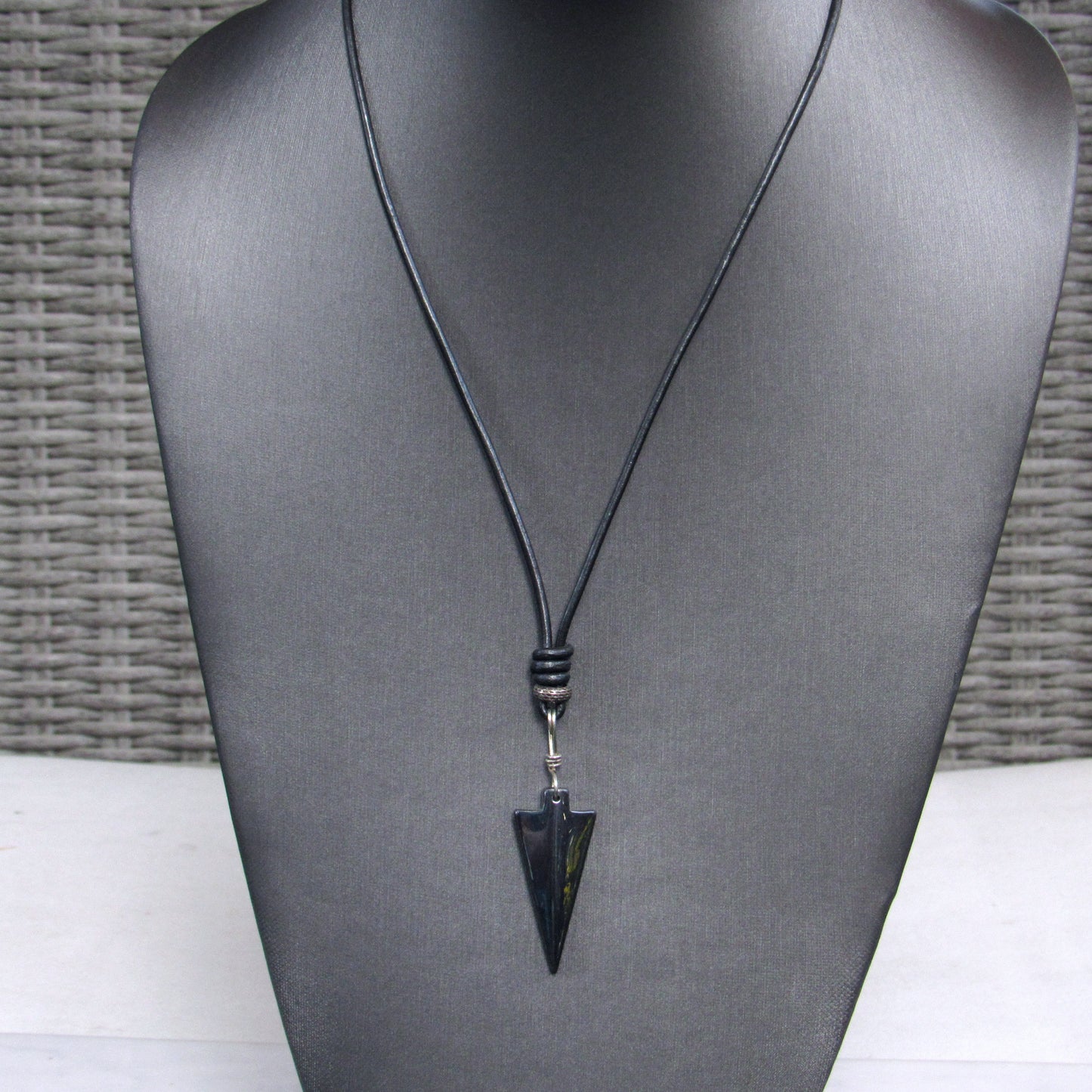 Hematite Arrow Hand Wrapped and Knotted with Sterling Silver on Leather Necklace