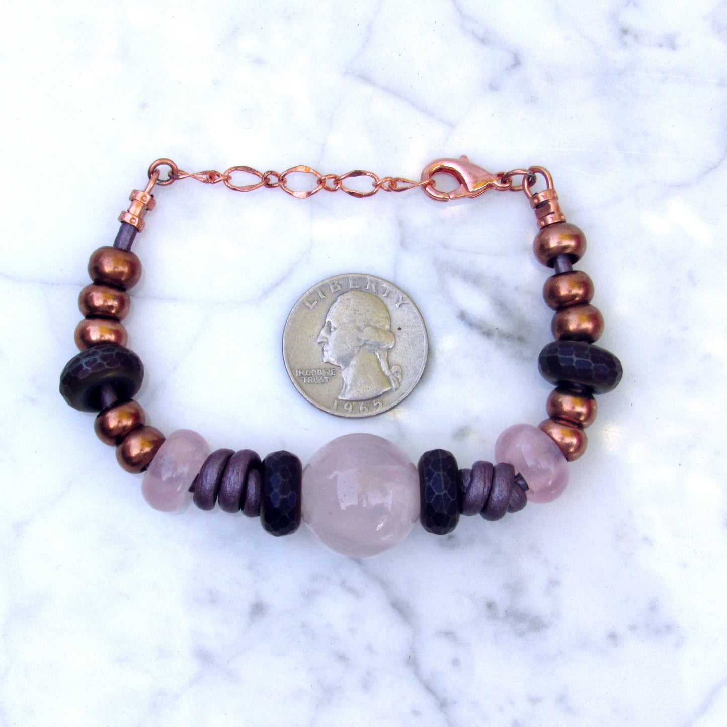 Rose Quartz gemstone, Copper, and Hematite Leather Bracelet