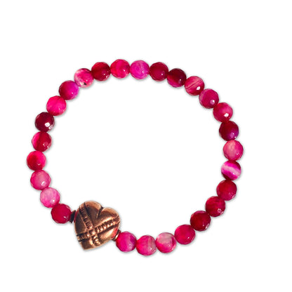 Pink agate gemstone and copper heart stretch bracelet