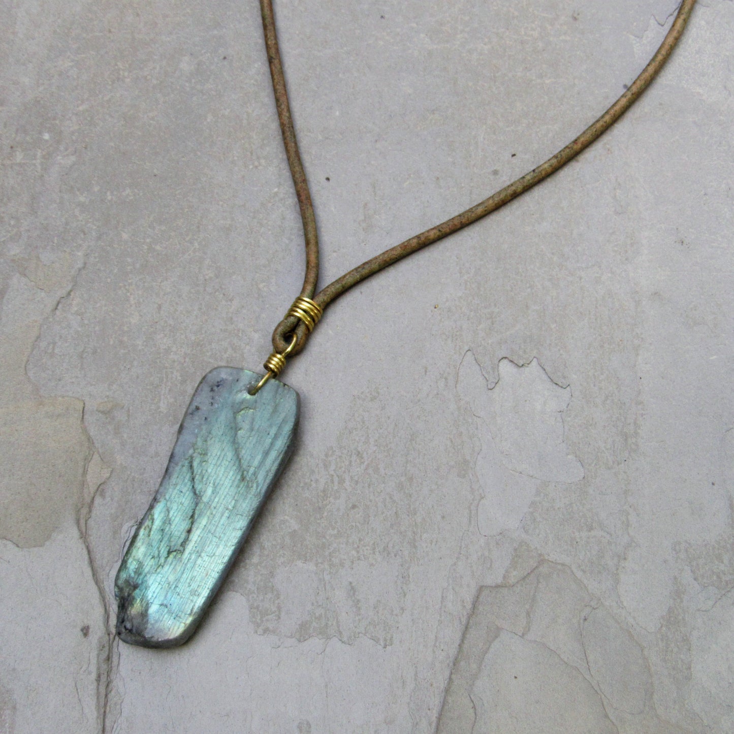 Labradorite gemstone hand wrapped with Brass on leather necklace