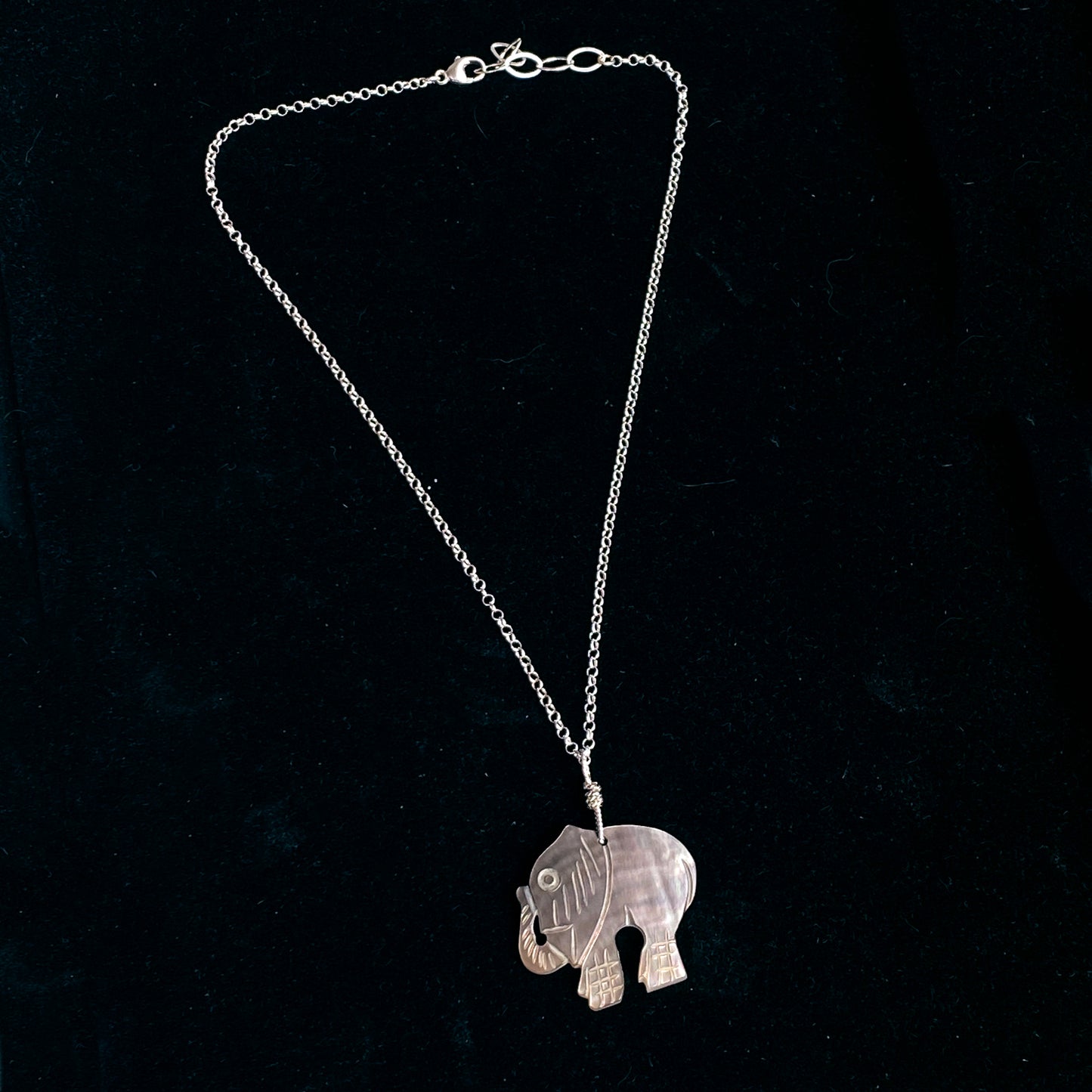 Mother of Pearl carved elephant pendant necklace of Sterling Silver