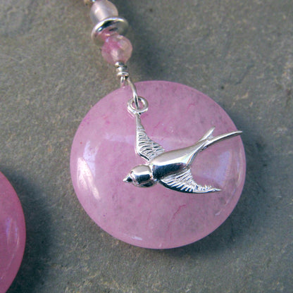 Pink Jade, Pink Tourmaline & Rose Quartz Gemstone Bird Earrings