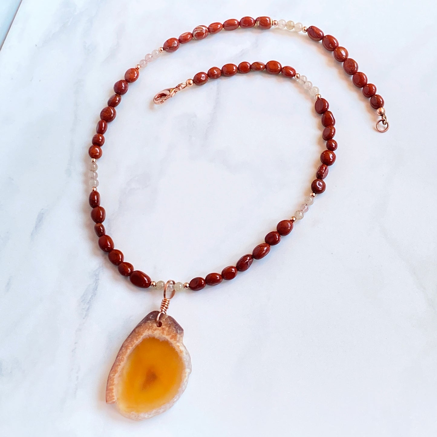 Red Agate Pendant hand Wrapped with Copper on Red Jasper, Rutilated Gold, Copper Necklace