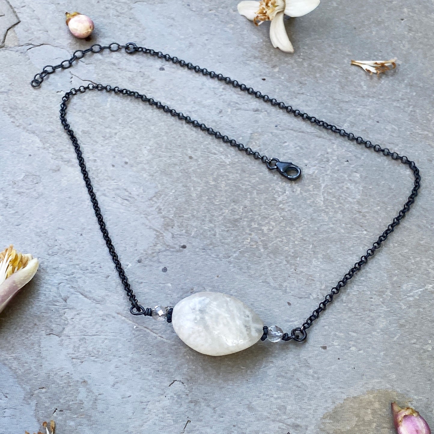 Oxidized Sterling Silver with Moonstone gemstone & White Topaz Necklace