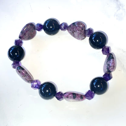 Ruby Zoisite, Amethyst gemstone, and Onyx Bracelet