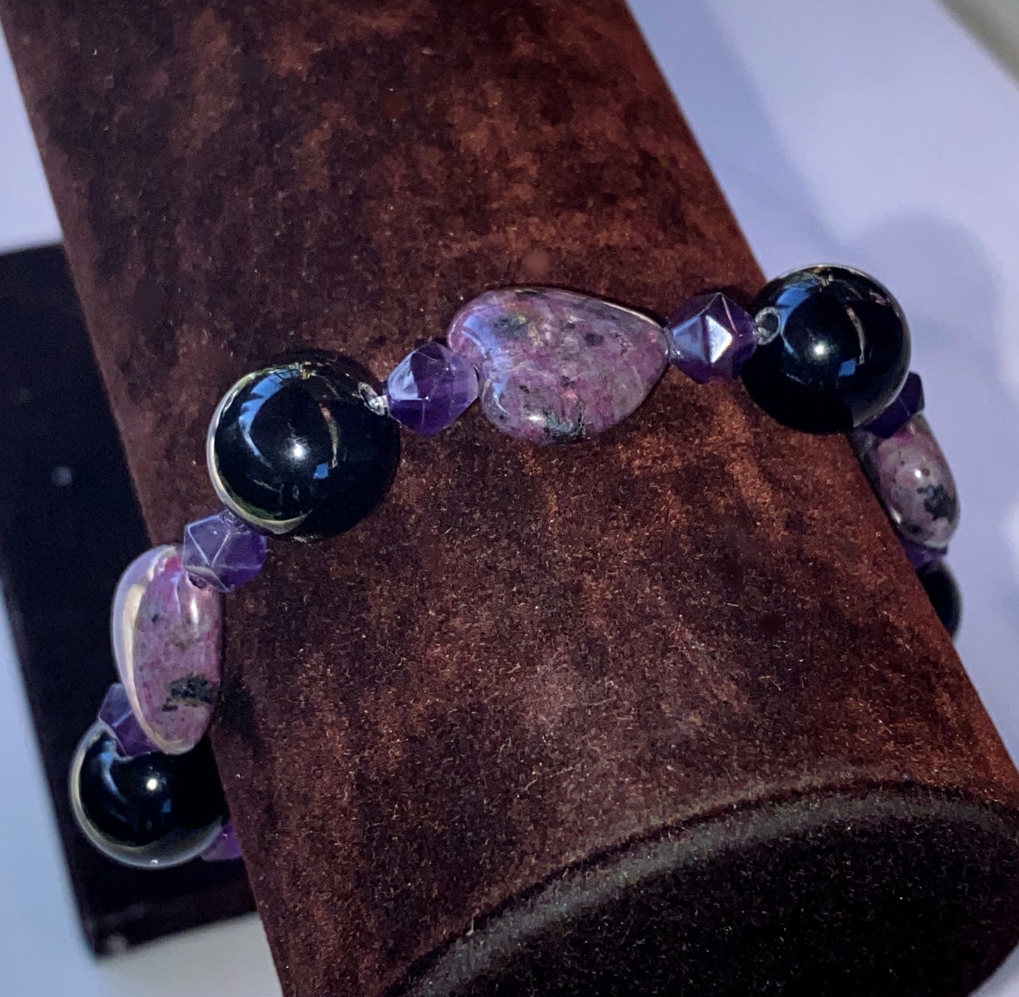 Ruby Zoisite, Amethyst gemstone, and Onyx Bracelet