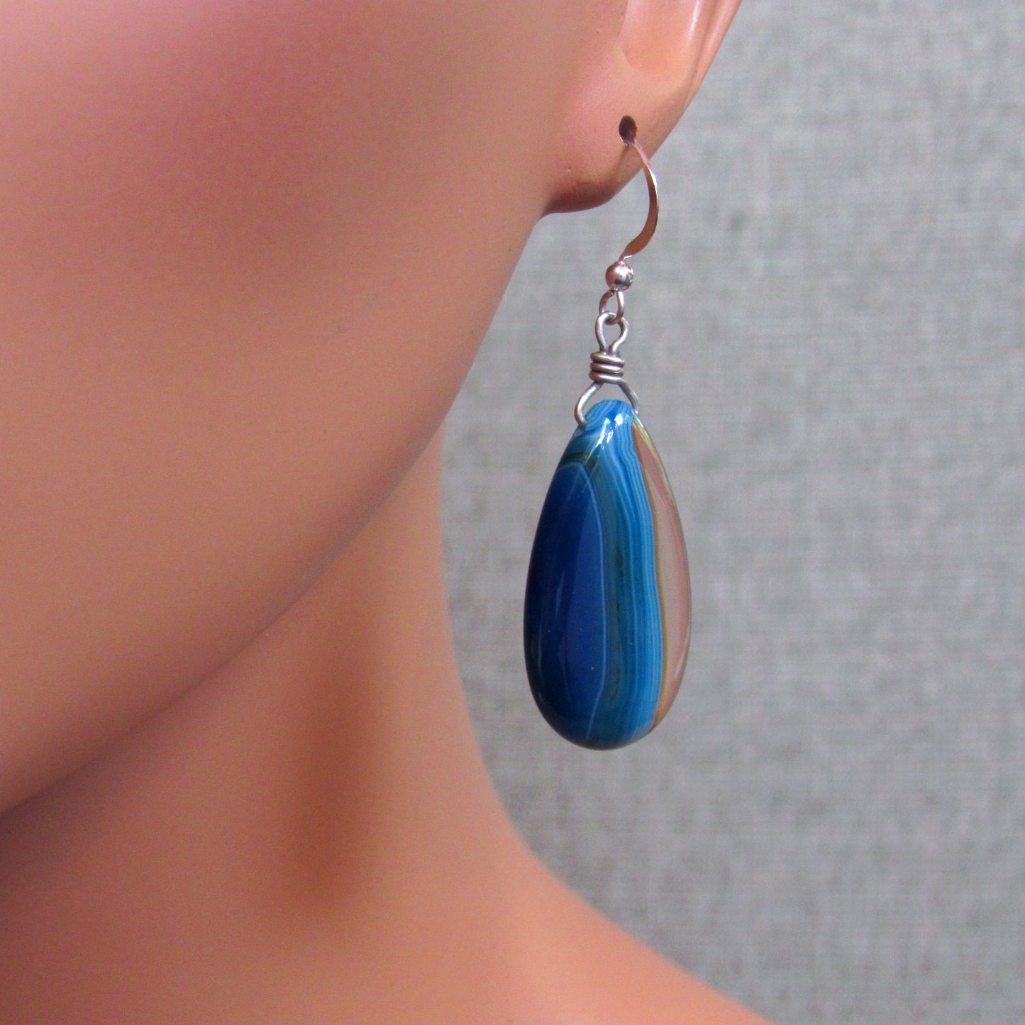 Blue Onyx Agate Tear Drop Shape and Sterling Silver Earrings