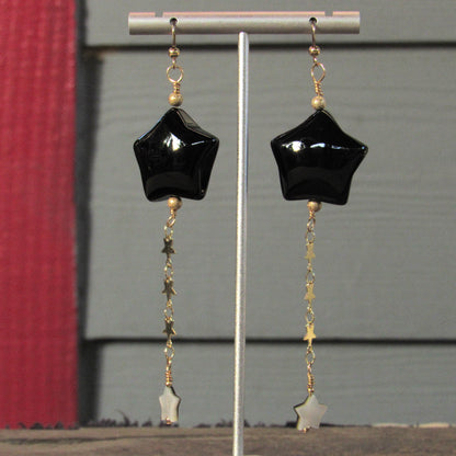 Black Agate Star, 14 kt Gold Fill, and Mother of Pearl Drop Earrings