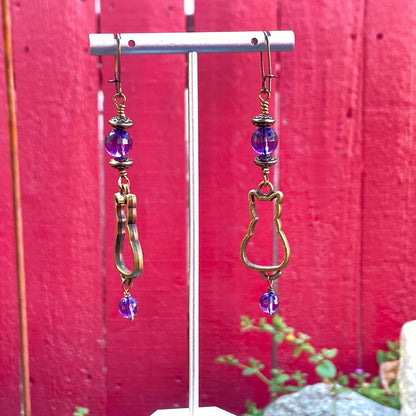 Kitty Cat and Amethyst gemstone Earrings