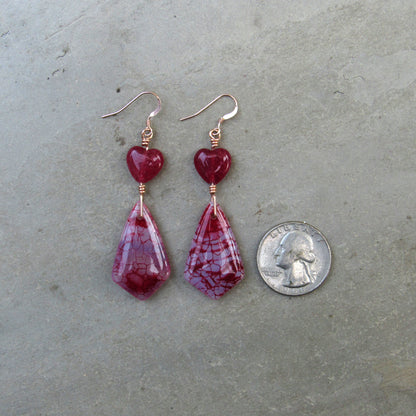 Dragon’s Vein Agate, Jade Gemstone Heart, and 14 kt Rose Gf Drop Earrings