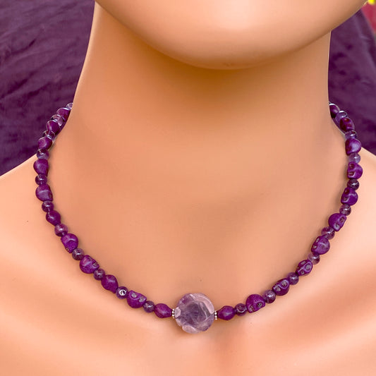 Amethyst gemstone and Howlite Skull Necklace