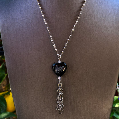 Sterling silver with freshwater pearls, painted onyx pendant, white topaz, hanging heart chain