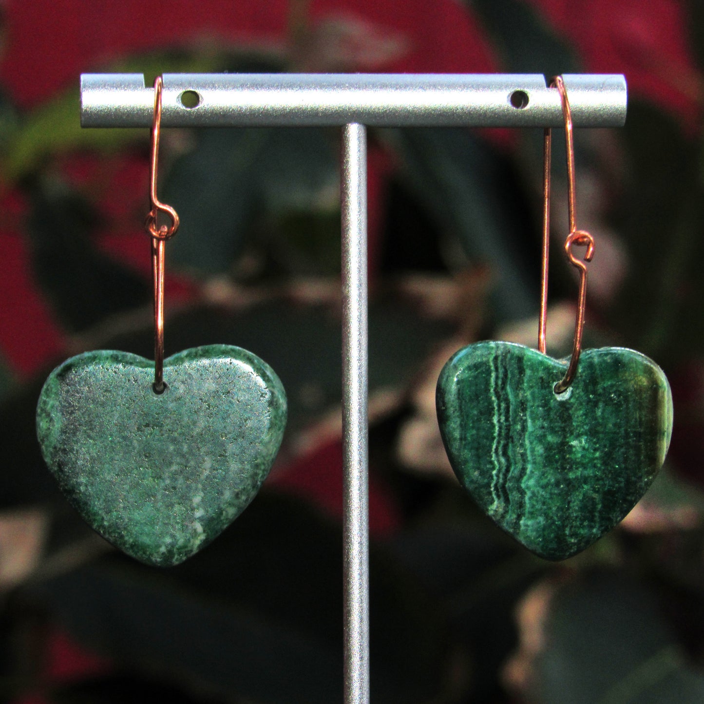 Copper wire with Green Rhodonite Gemstone Hearts earrings