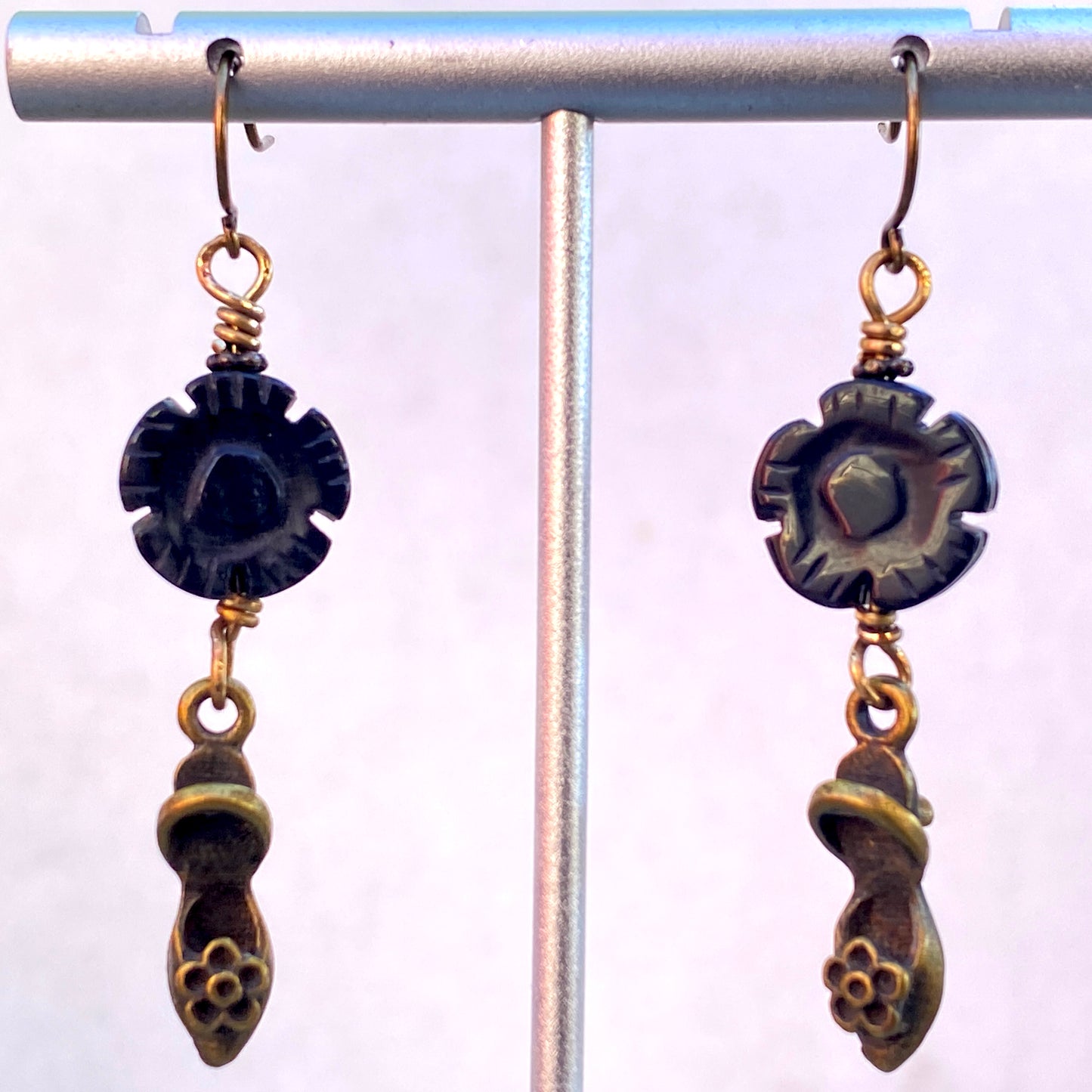 Brass shoe and onyx flower drop earrings