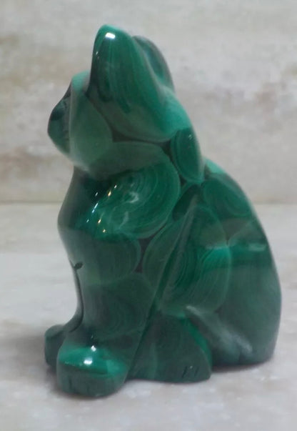 Natural Malachite gemstone carved Kitty Cat