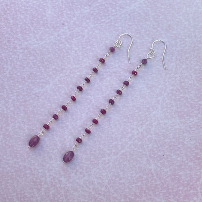 Long Ruby gemstone and silver Dangle Earrings