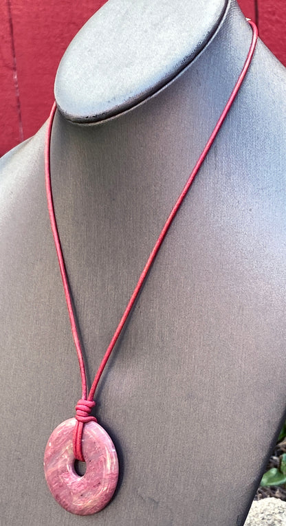 Rhodonite gemstone Donut Leather Necklace