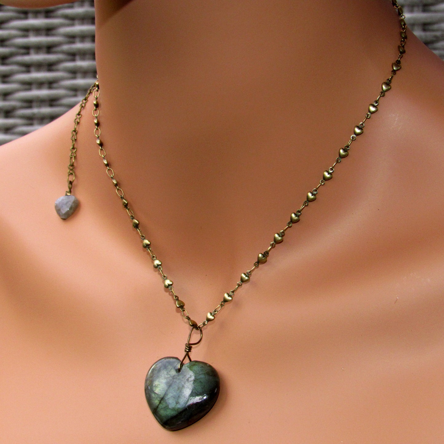 Labradorite gemstone Heart with Brass Heart Chain