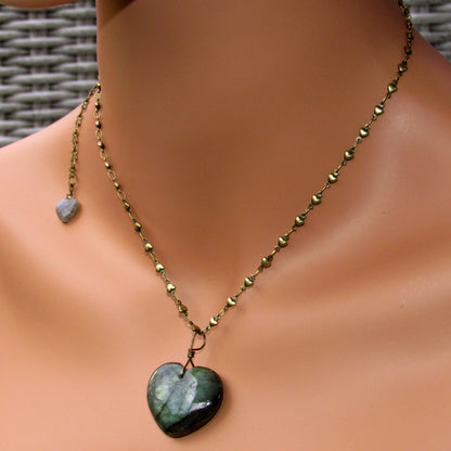 Labradorite gemstone Heart with Brass Heart Chain