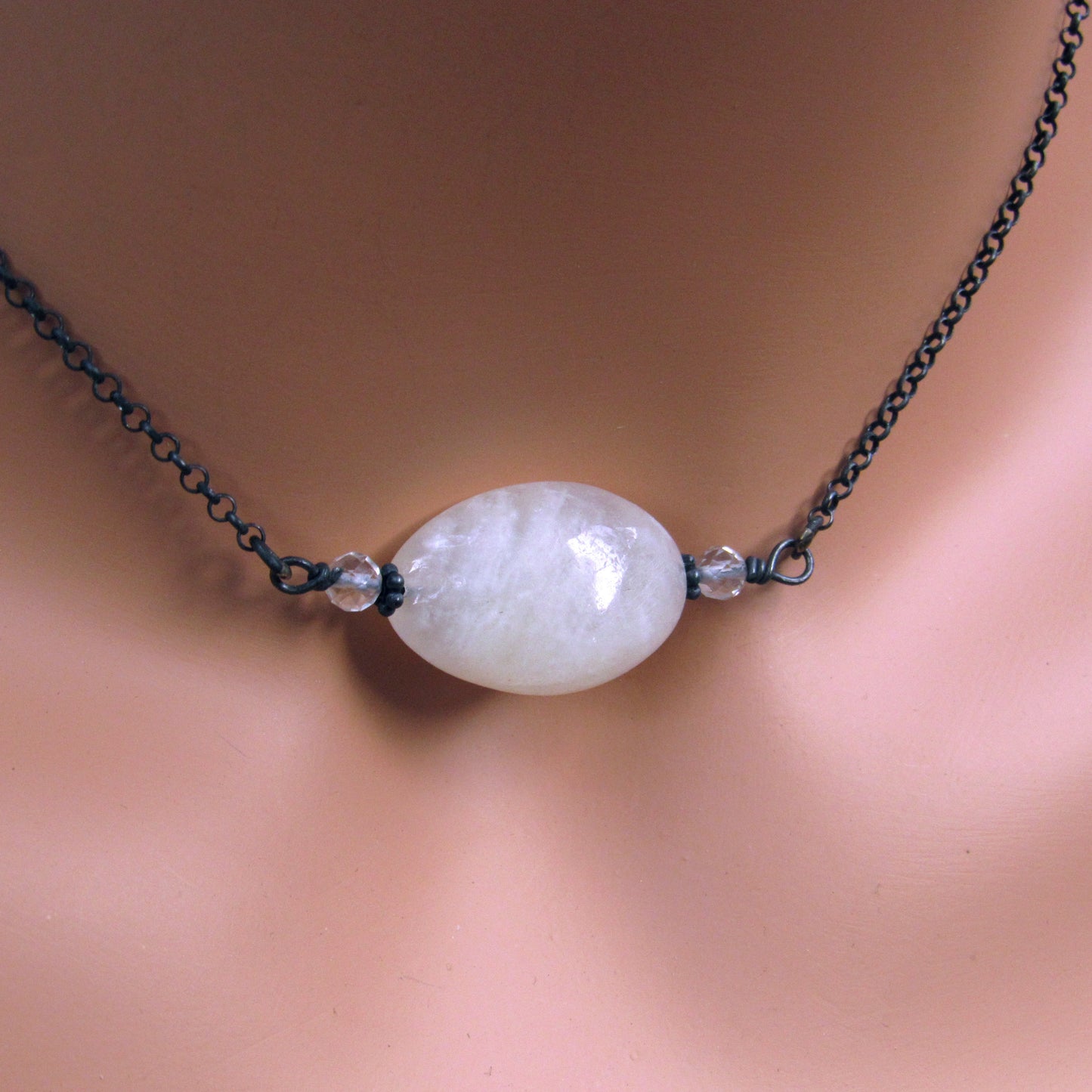 Oxidized Sterling Silver with Moonstone gemstone & White Topaz Necklace