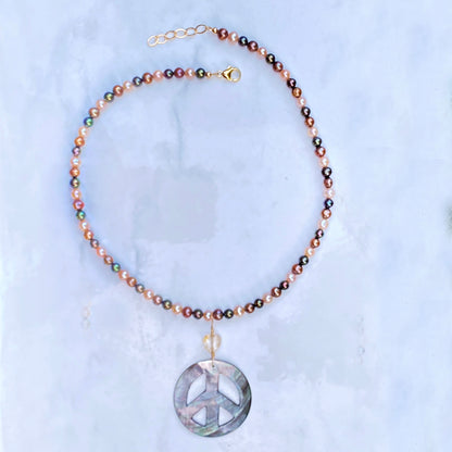 Abalone Peace Sign Hand Wrapped w/ 14 kt gf w/ Citrine Heart on Freshwater Pearls