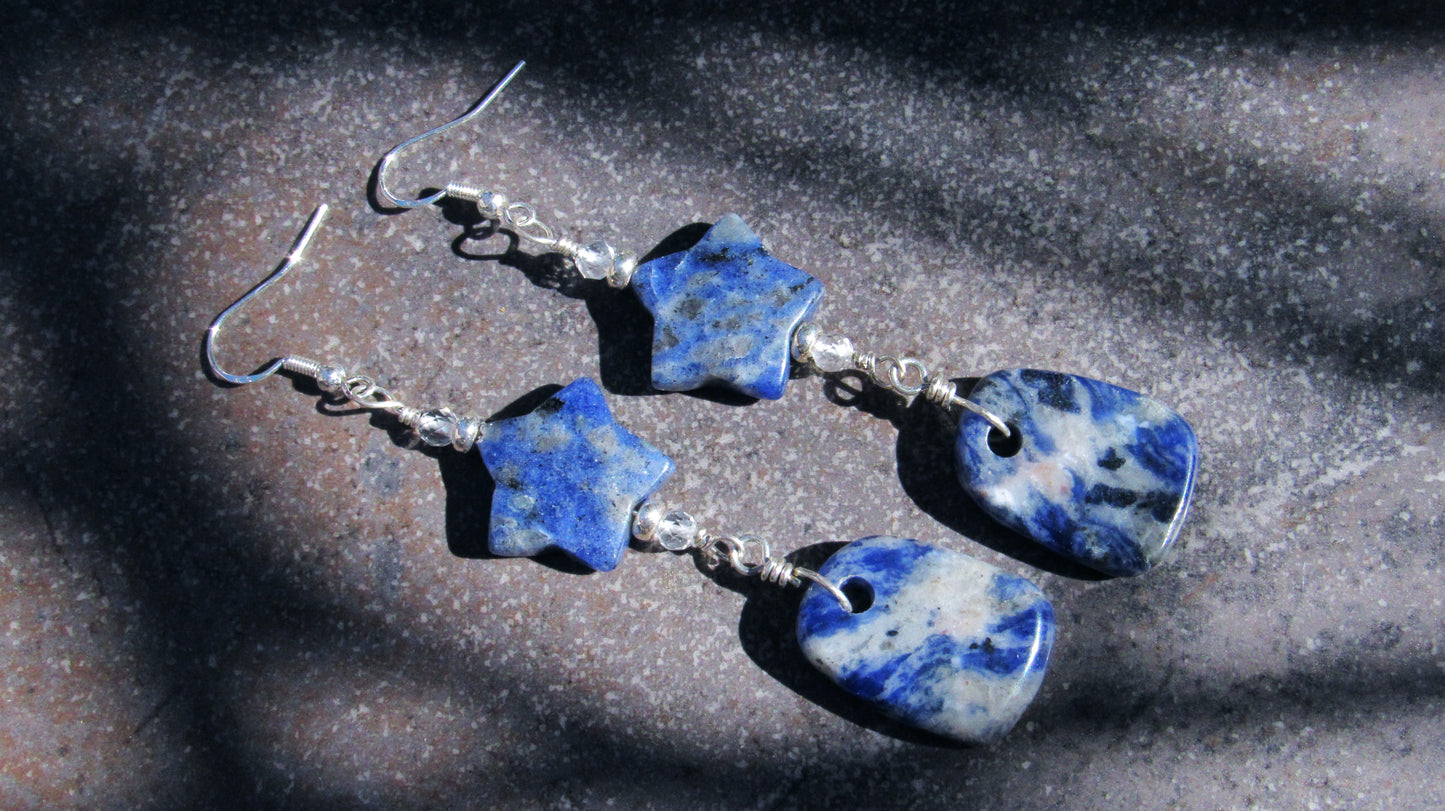 Sodalite Gemstone Star, White Topaz and Sterling Silver Drop Earrings