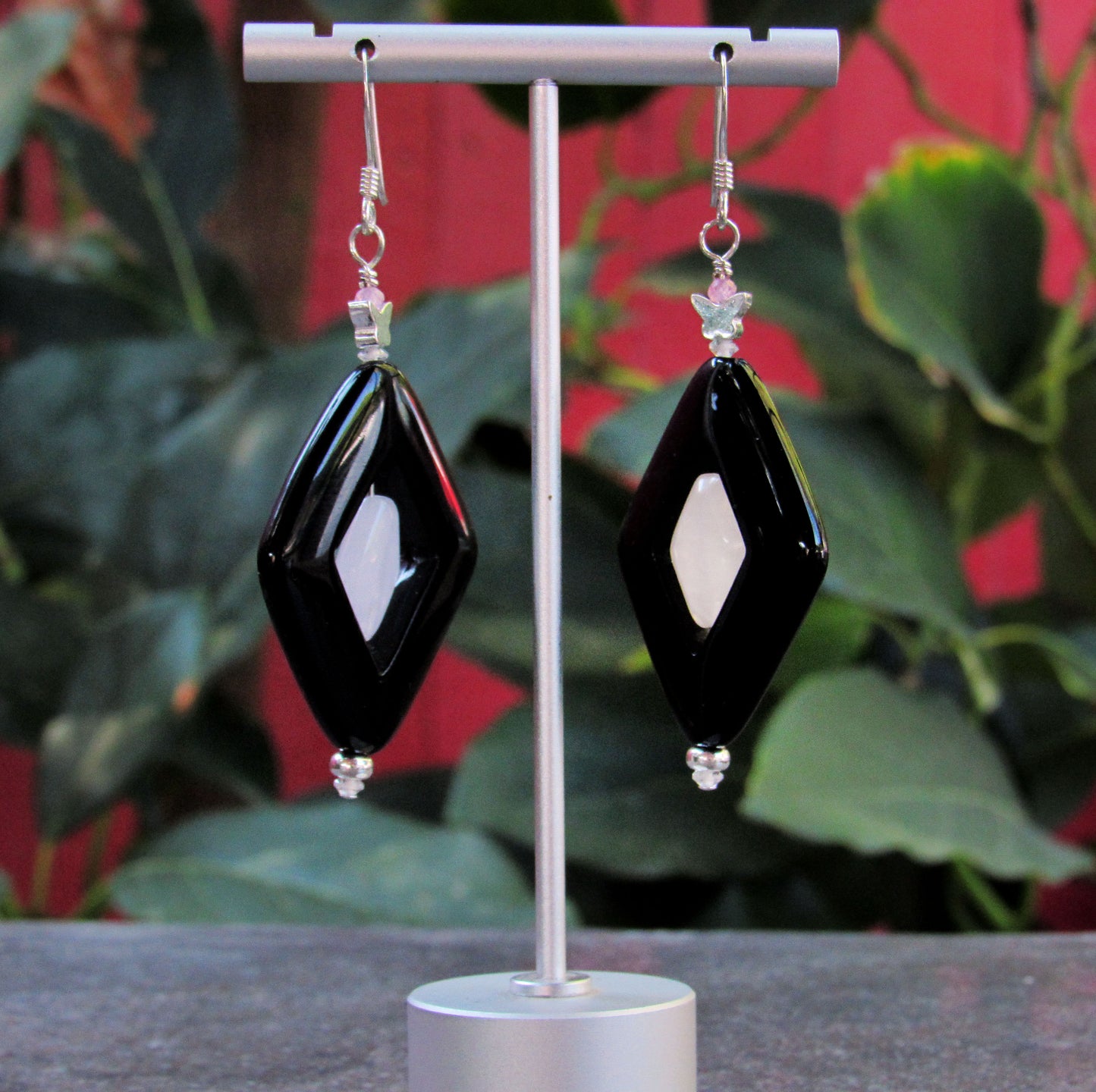 Onyx, Rose Quartz, White Topaz, Pink Sapphires, and Sterling Silver Drop Earrings