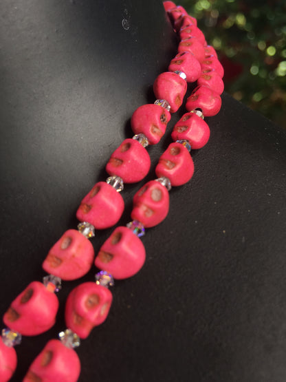 Pink Skulls and Hematite Gemstone Double Necklace